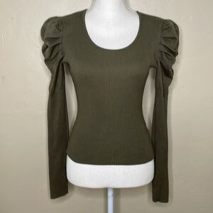 MADDEN GIRL Sweater Green Fine Gauge Puff Ruched Sleeve Scoop Neck Fitted Small